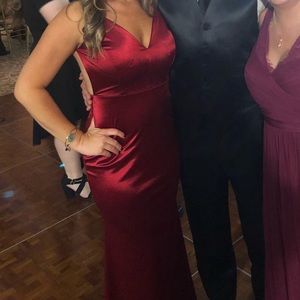 Red satin floor length backless dress